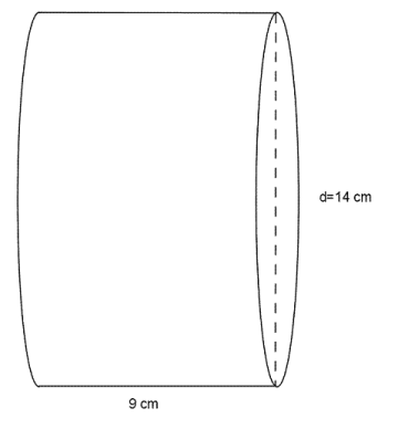 Sylinder med diameter 14 cm og høyde 9 cm.